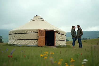 Couple inspectant une yourte traditionnelle installée dans la campagne française, structure en treillis de bois et toile crème visible