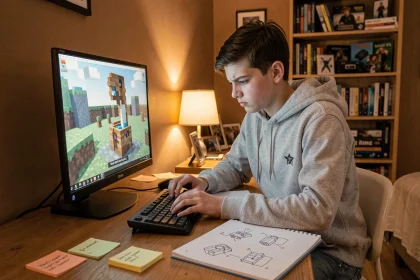 Adolescent concentré construisant un spawn sécurisé dans Minecraft avec des notes de craft sur son bureau