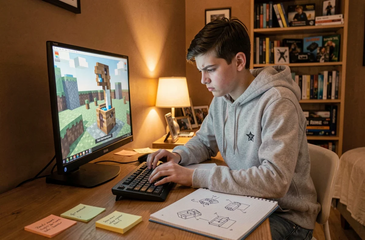 Adolescent concentré construisant un spawn sécurisé dans Minecraft avec des notes de craft sur son bureau