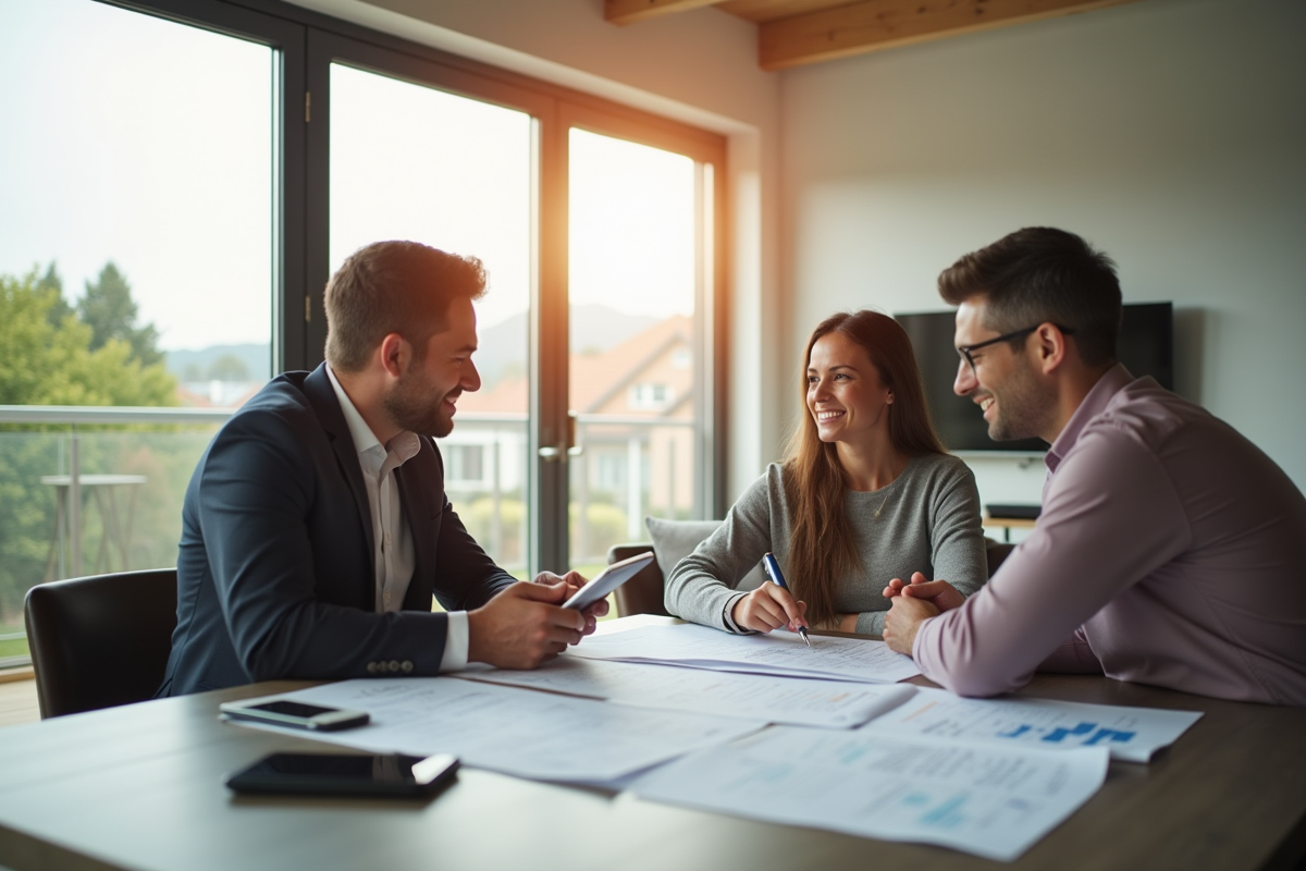 Agent immobilier discutant de rénovation avec un couple dans un salon lumineux