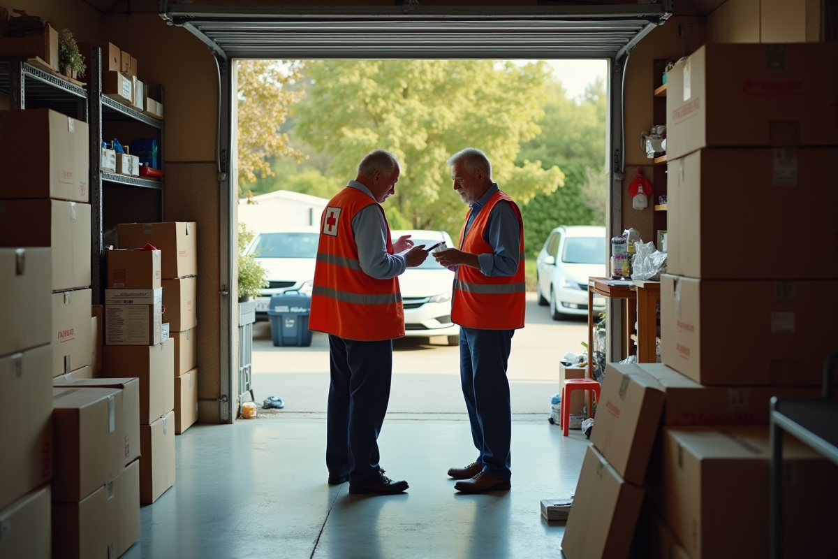 Bénévole de la Croix Rouge remplissant un formulaire dans un garage