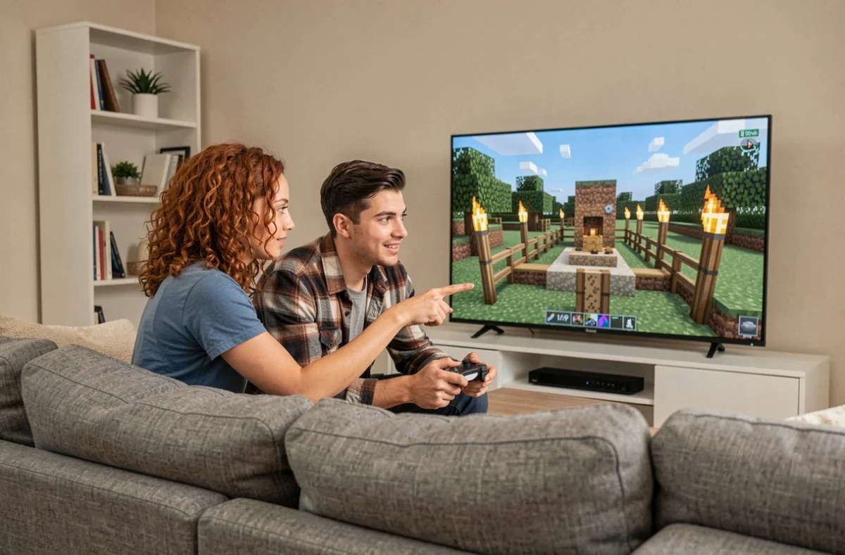 Deux amis analysant ensemble les erreurs de craft pour un spawn Minecraft sécurisé sur écran TV