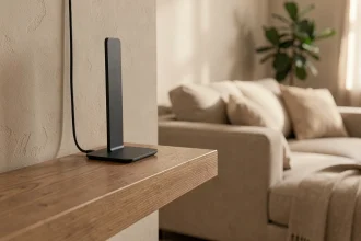 Antenne TV intérieure plate et compacte posée sur une étagère en bois à côté d'un téléviseur dans un salon moderne