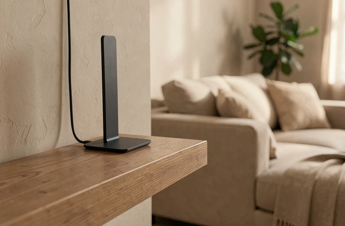 Antenne TV intérieure plate et compacte posée sur une étagère en bois à côté d'un téléviseur dans un salon moderne