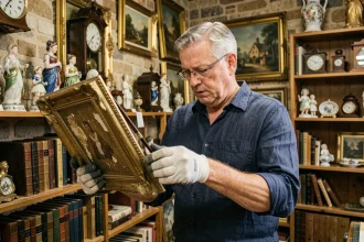 Antiquaire de Caen examinant un cadre doré ancien lors d'une estimation gratuite en boutique