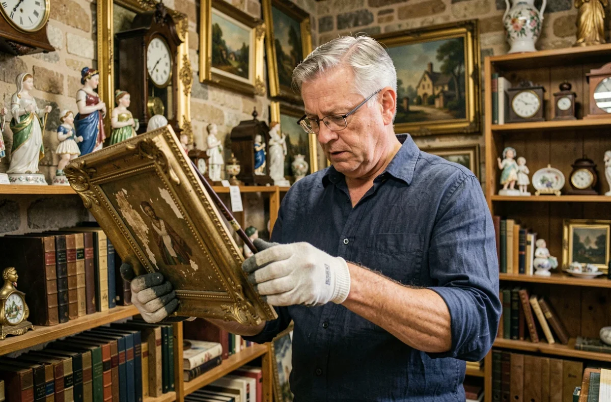 Antiquaire de Caen examinant un cadre doré ancien lors d'une estimation gratuite en boutique