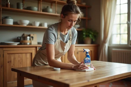 Femme appliquant du POLILAR sur une table en bois chêne dans une cuisine parisienne avec chiffon doux