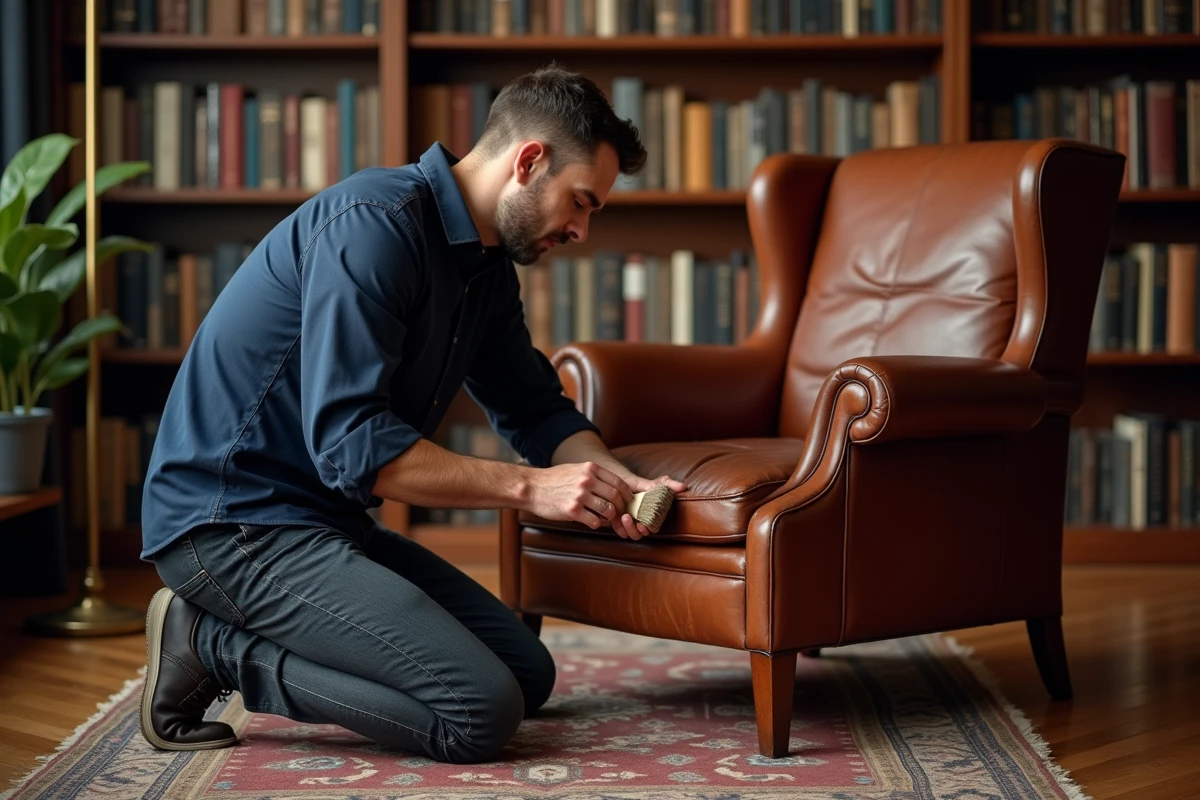 Homme appliquant du POLILAR sur un fauteuil en cuir marron dans un bureau à domicile avec parquet en chevrons