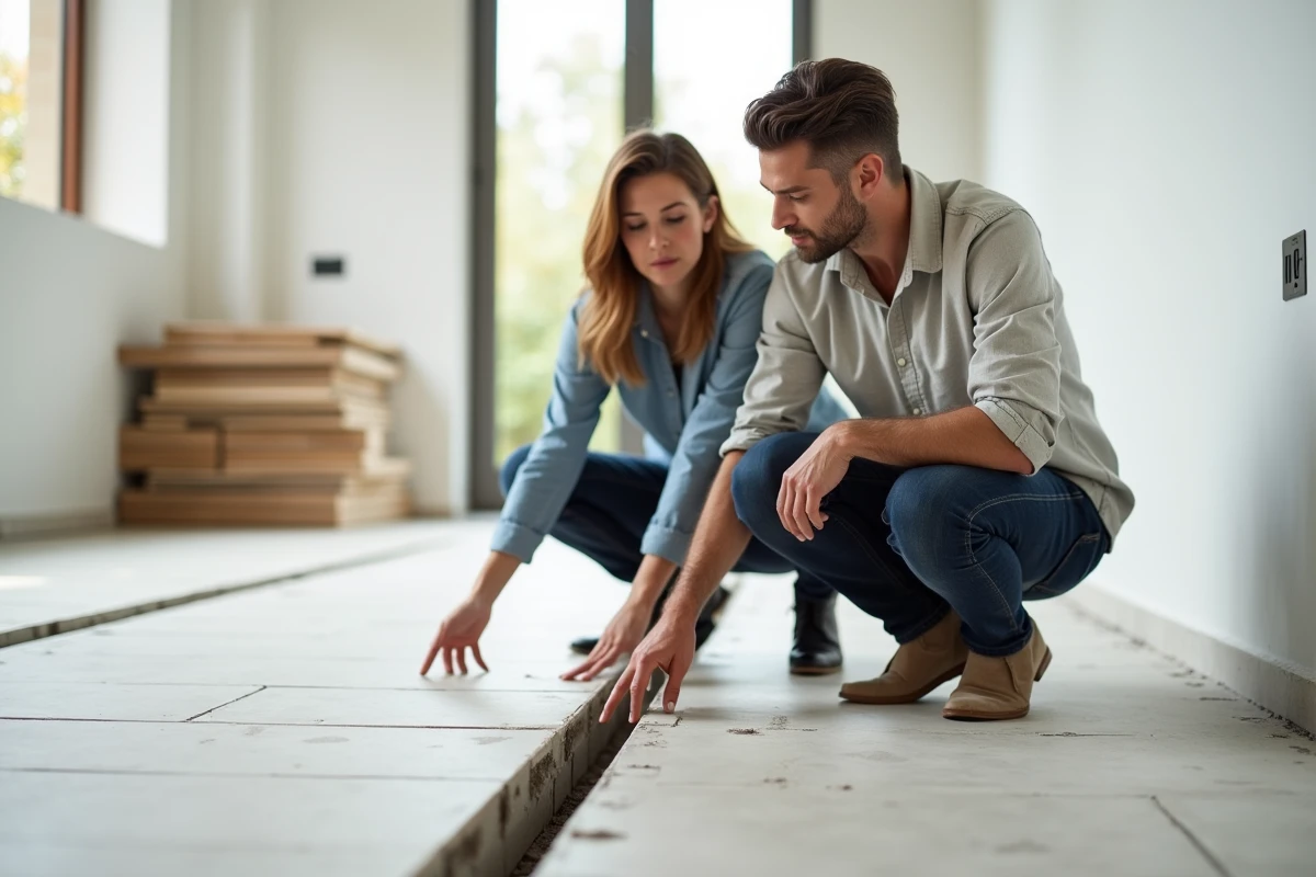 Jeune architecte en discussion avec ouvrier sur carrelage
