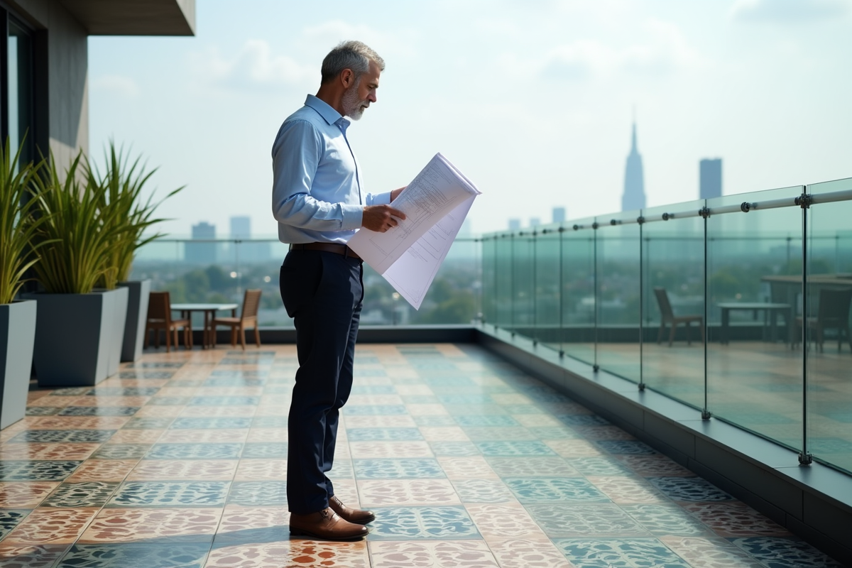 Architecte vérifiant un carrelage coloré sur une terrasse urbaine