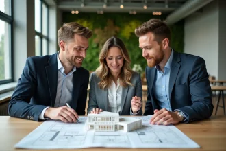 Trois architectes examinant plans durables dans un bureau moderne