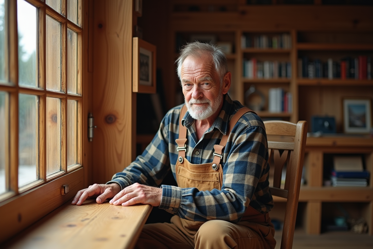 Artisan âgé inspectant le bois poli dans une maison en bois