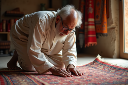 Artisan marocain &acirc;g&eacute; inspectant un tapis traditionnel