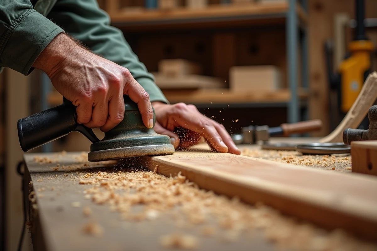 Artisan ponçant une planche en teck massif dans un atelier de menuiserie avec outils et sciure de bois