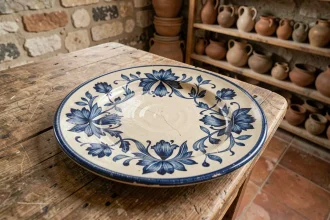 Assiette en faïence de Moustiers artisanale avec motifs floraux bleus peints à la main, posée sur une table en bois dans un atelier de poterie provençal authentique