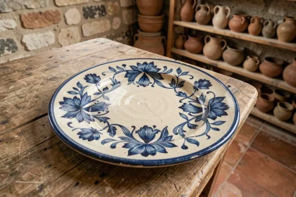 Assiette en faïence de Moustiers artisanale avec motifs floraux bleus peints à la main, posée sur une table en bois dans un atelier de poterie provençal authentique