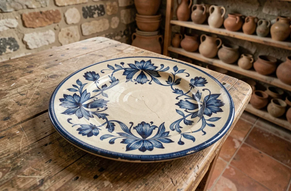 Assiette en faïence de Moustiers artisanale avec motifs floraux bleus peints à la main, posée sur une table en bois dans un atelier de poterie provençal authentique