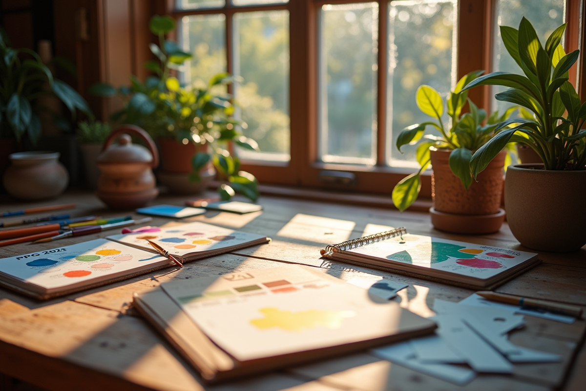Espace de travail d’artiste avec échantillons de peinture PPG 2025