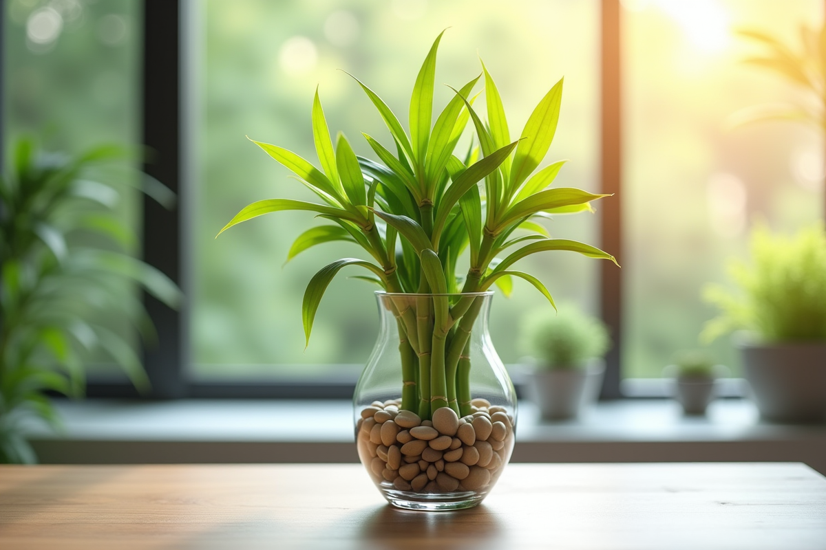Plante de bambou vert dans un vase moderne sur un bureau lumineux