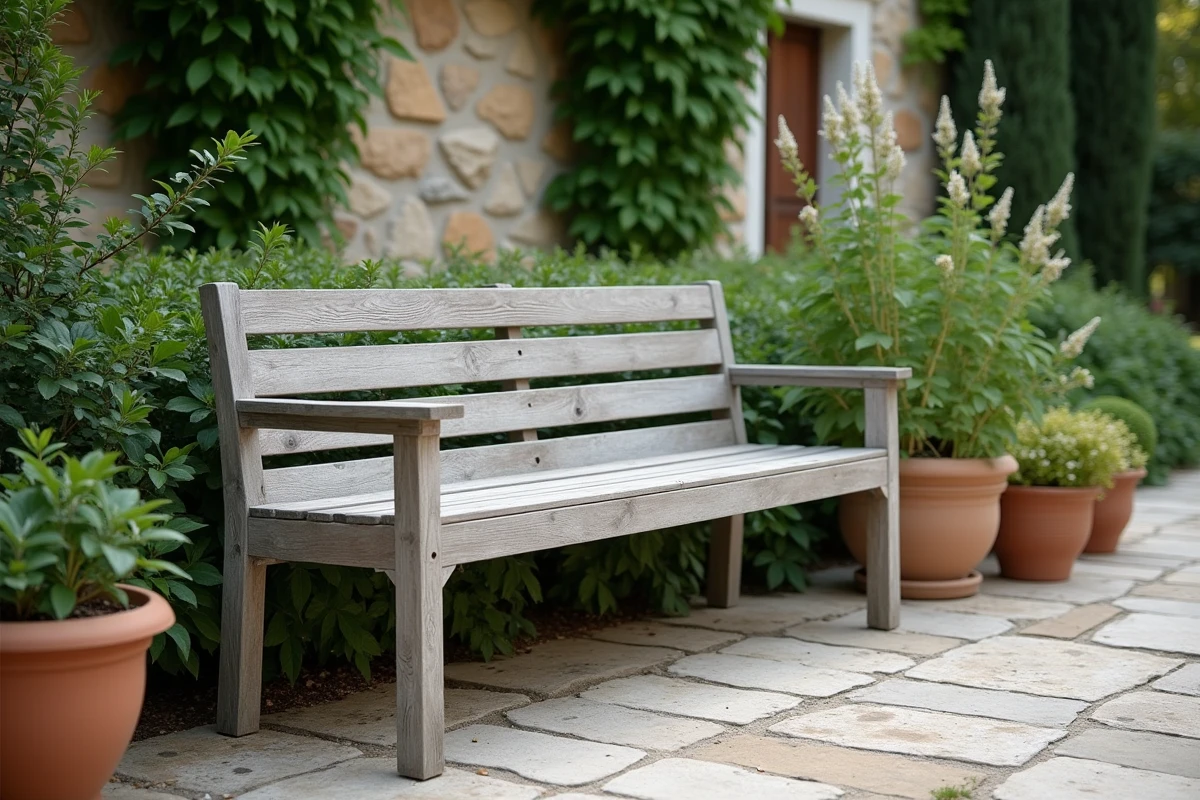 Banc de jardin en teck vieilli gris argenté sur terrasse en pierre entouré de plantes méditerranéennes