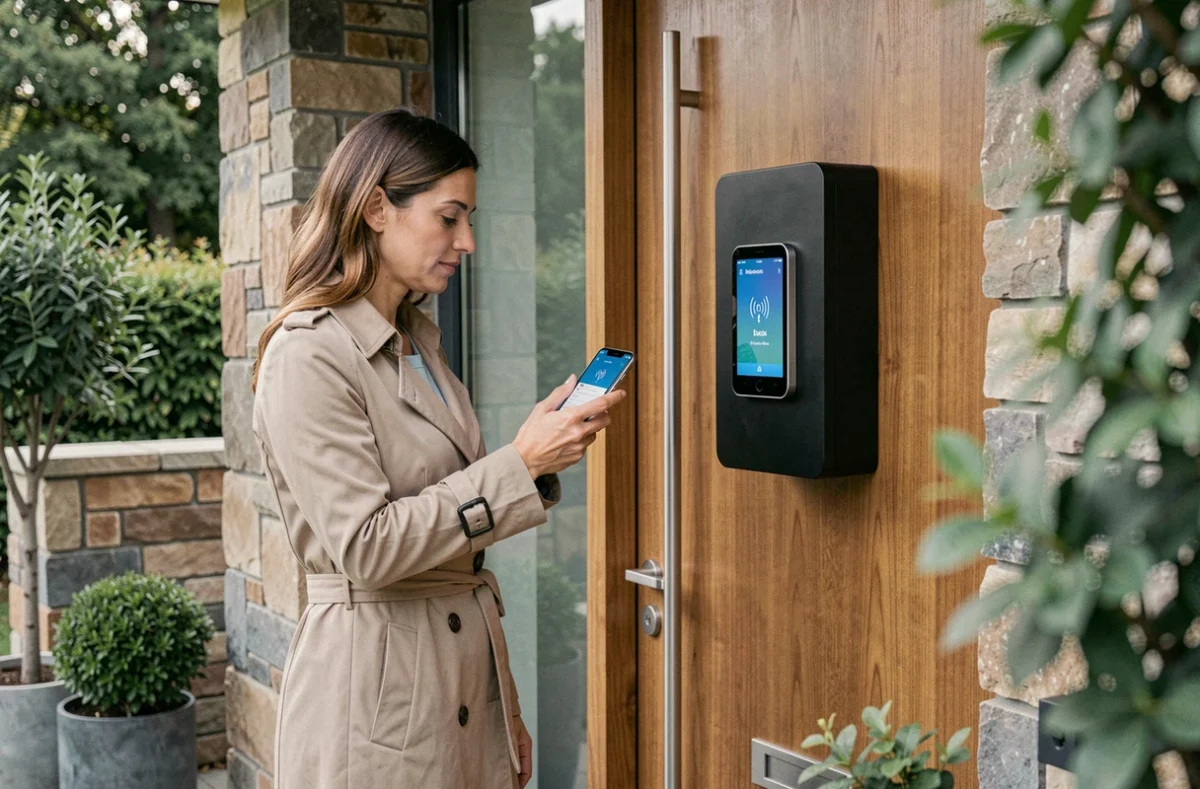 Femme déverrouillant une boîte à clés connectée via smartphone à l'entrée d'une maison moderne