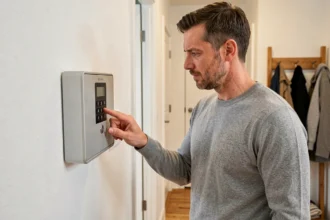Homme utilisant une boîte à clés murale avec code numérique installée dans un couloir d'entrée moderne