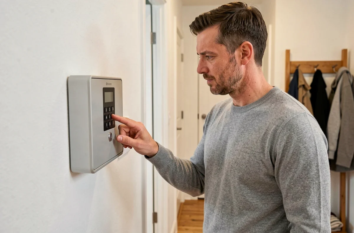 Homme utilisant une boîte à clés murale avec code numérique installée dans un couloir d'entrée moderne