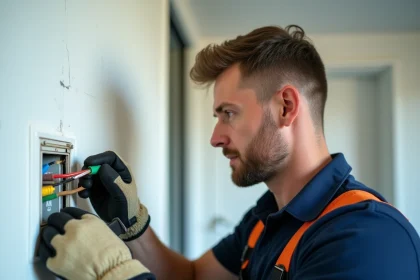 Électricien professionnel branchant une prise 3 fils avec terre sur un mur blanc