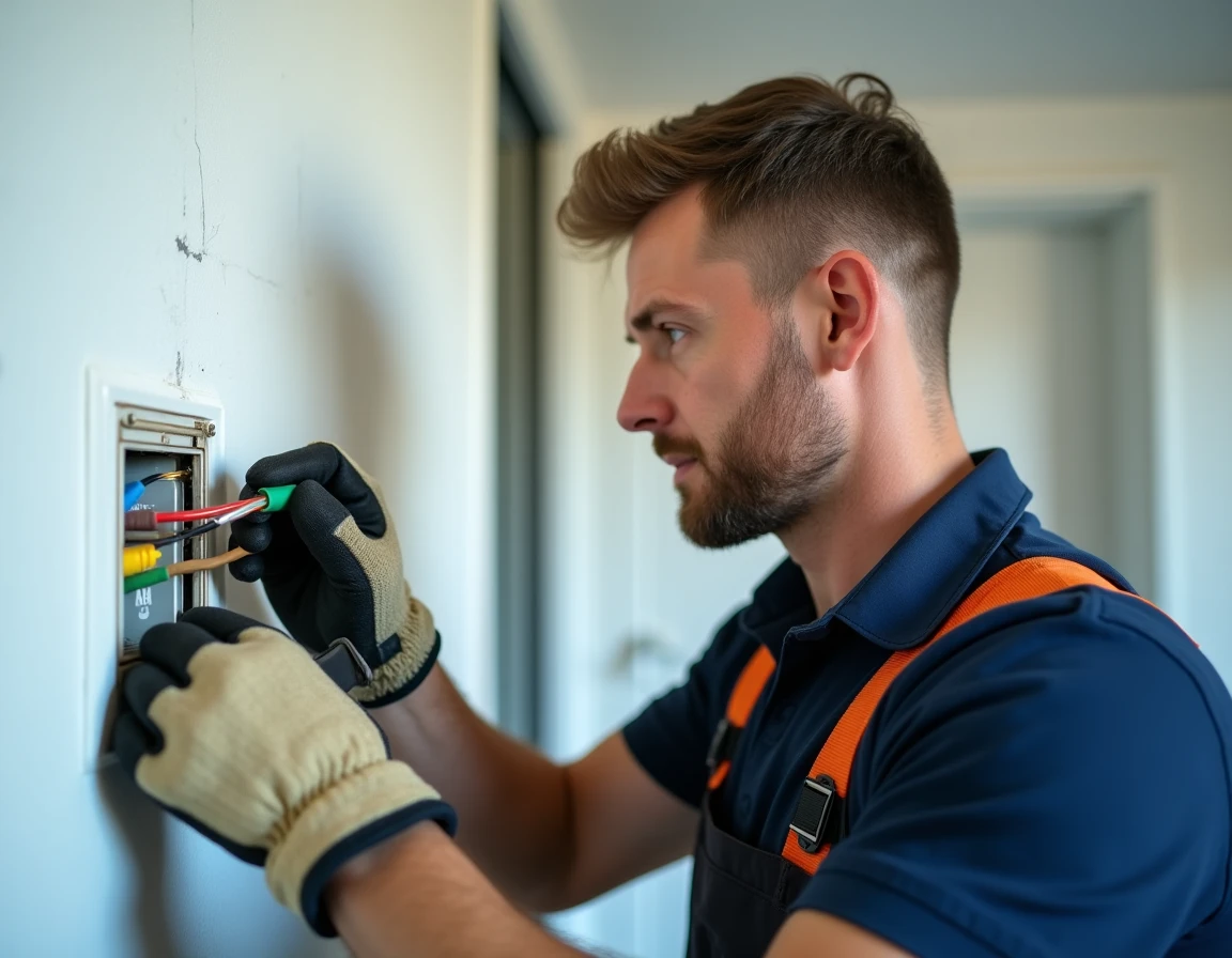Électricien professionnel branchant une prise 3 fils avec terre sur un mur blanc