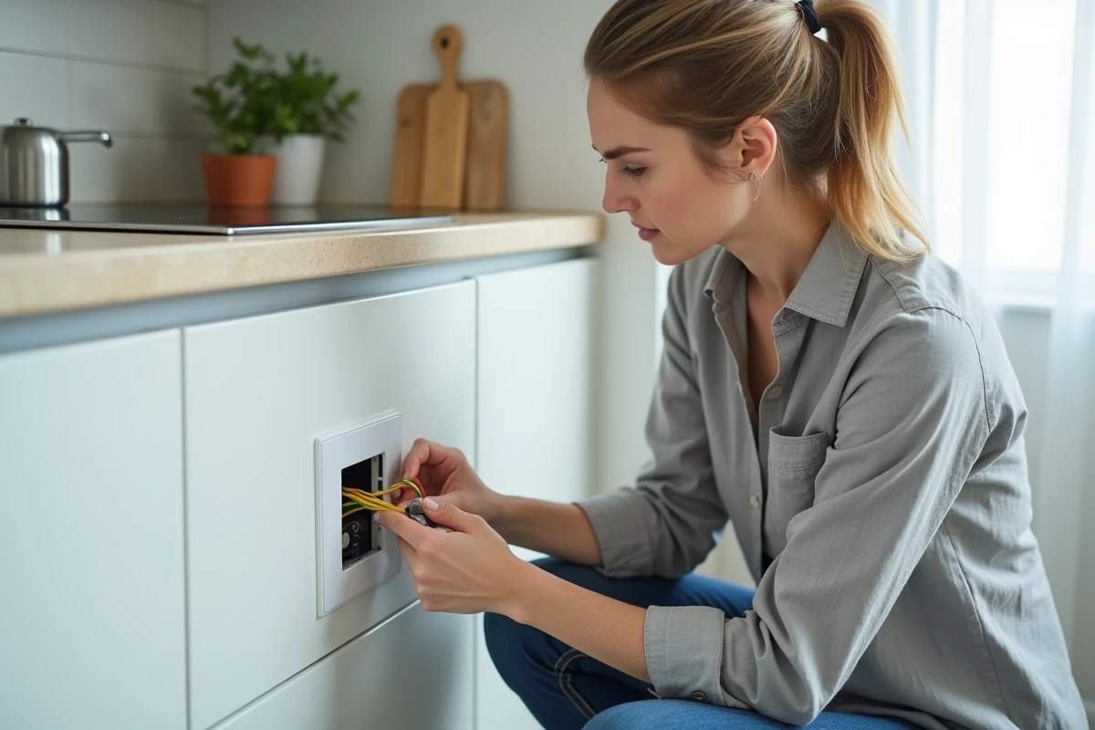 Femme branchant un fil électrique de 2,5 mm² sur une prise murale dans une cuisine moderne