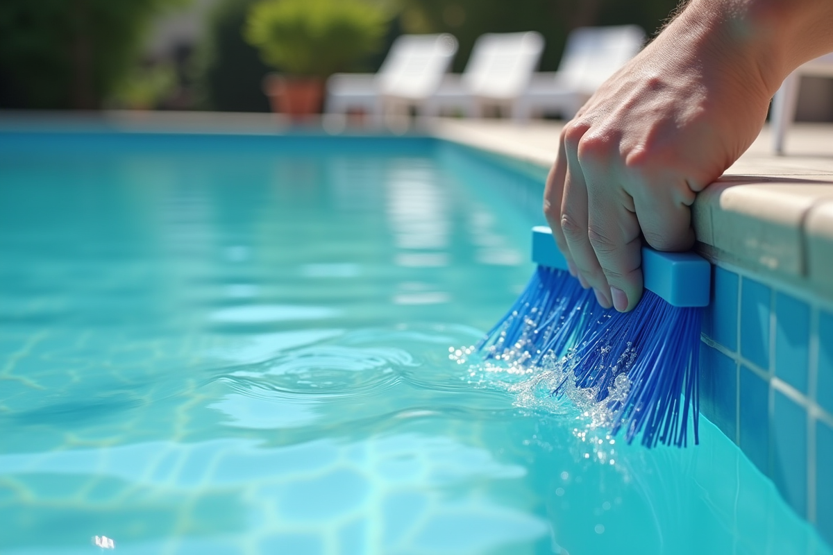 Mains frottant le bord de la piscine avec une brosse bleue