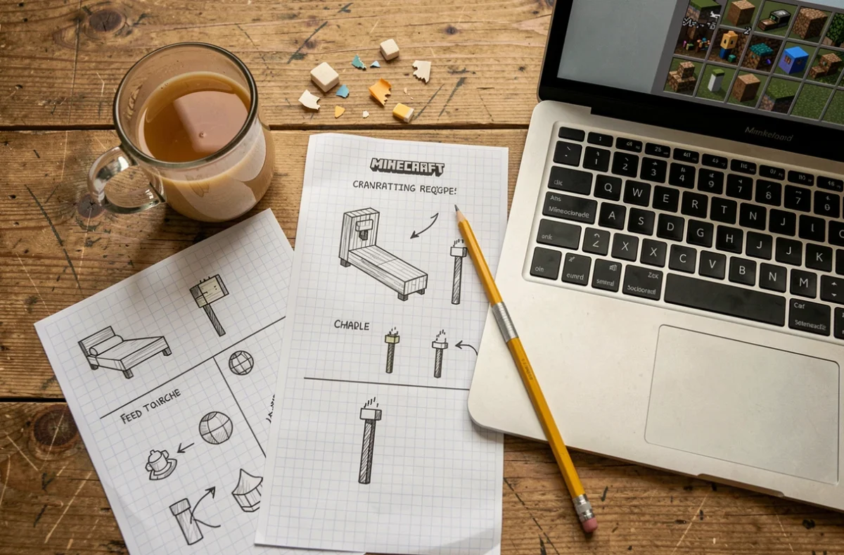Vue aérienne d'un bureau avec des notes de recettes de craft Minecraft pour un spawn sécurisé