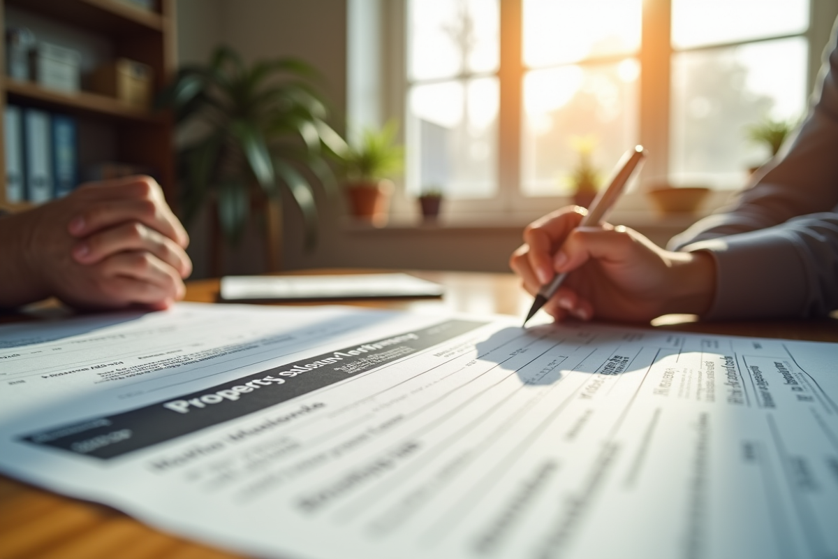 Main remplissant un formulaire de permis immobilier dans un bureau lumineux