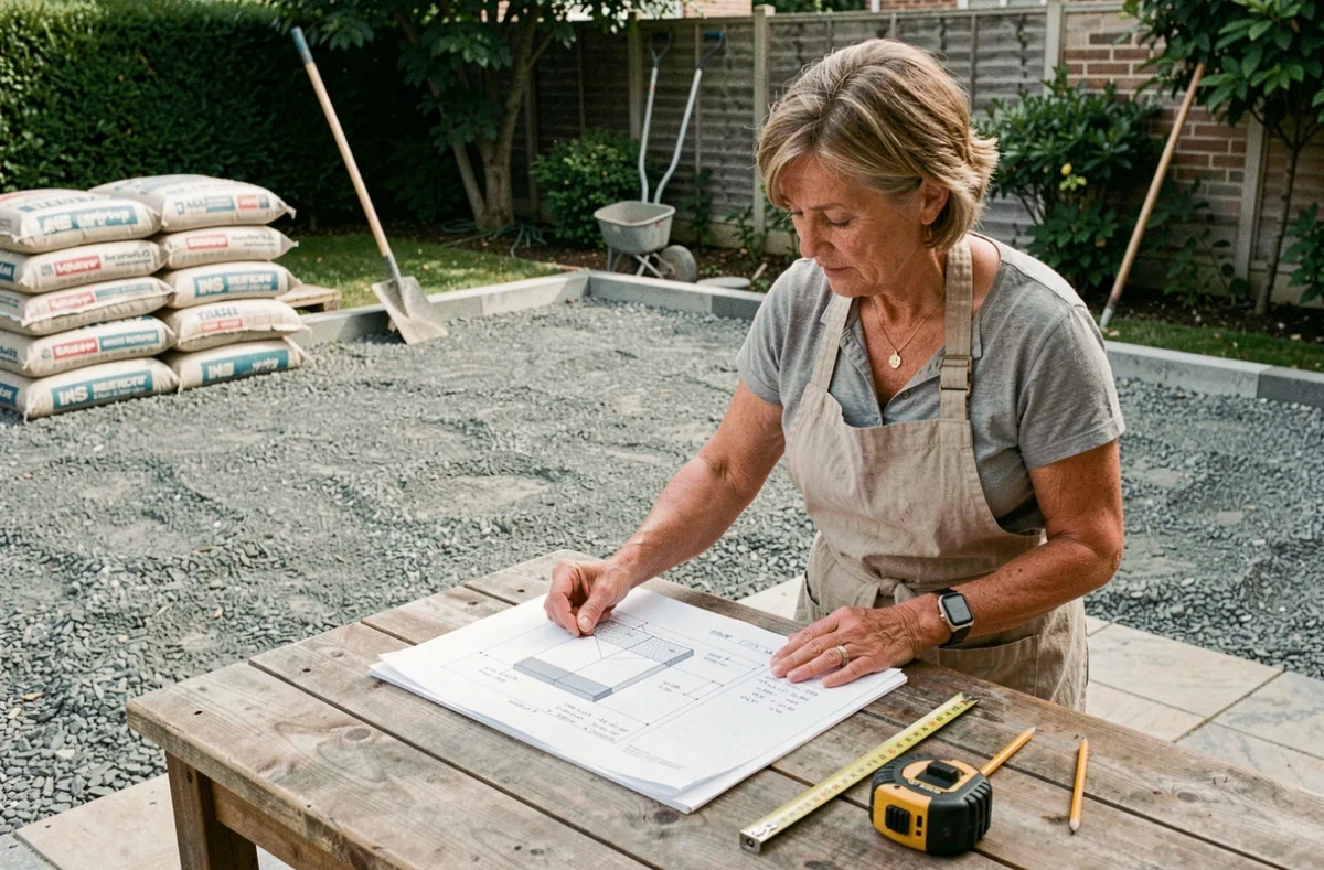 Femme consultant des plans de calcul pour la surface et le volume d'une dalle béton de terrasse