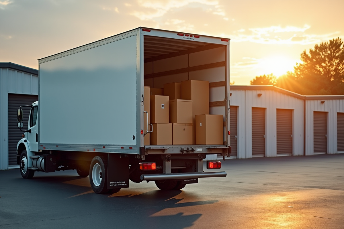 Camion de déménagement avec caisses et meubles dans un selfstorage