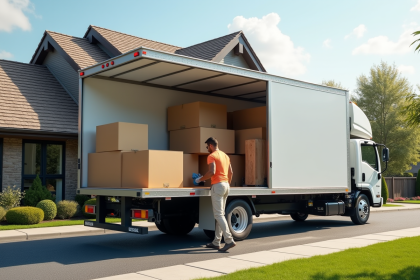 Camion de déménagement moderne devant une maison de banlieue avec meubles