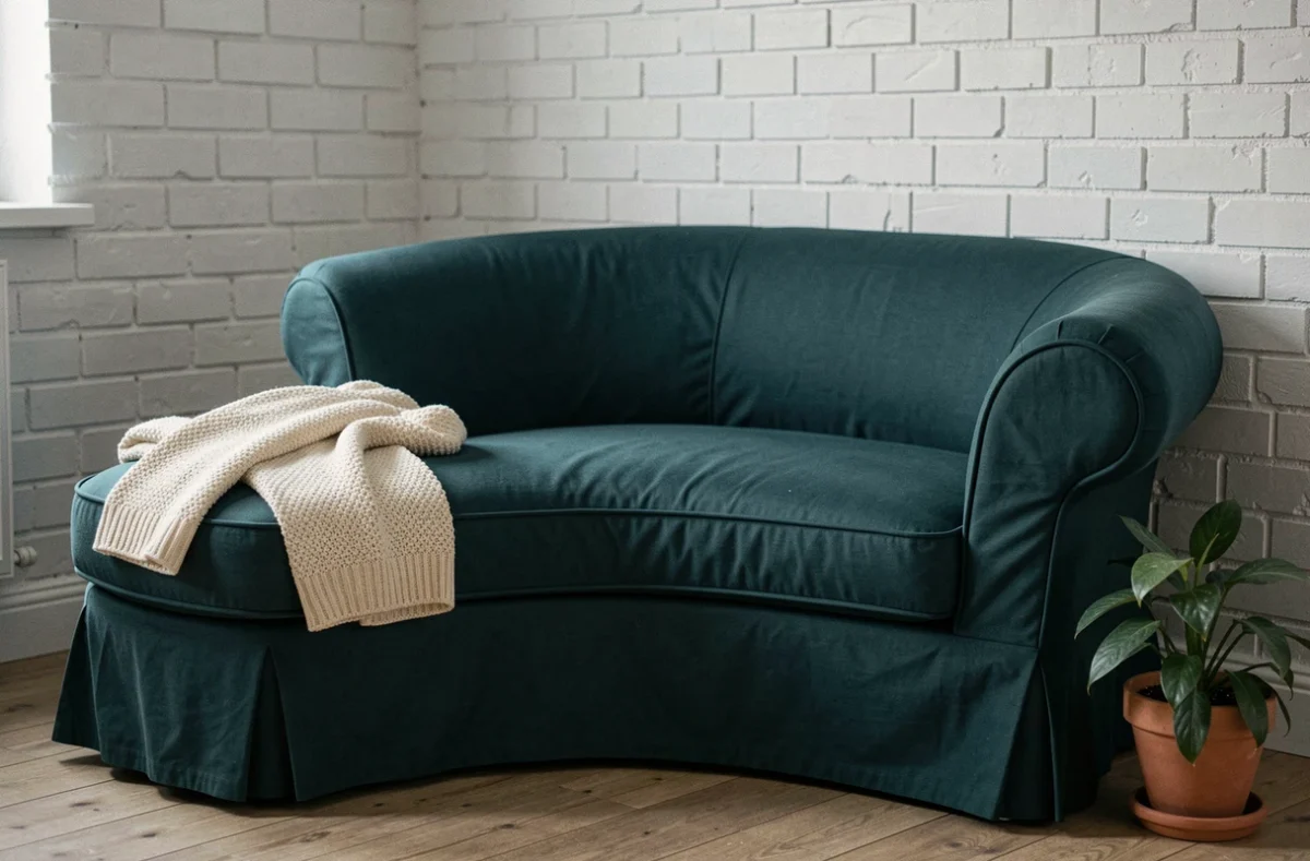 Canapé méridienne recouvert d'une housse ajustée bleu sarcelle dans un appartement de style scandinave avec plante et plaid crème
