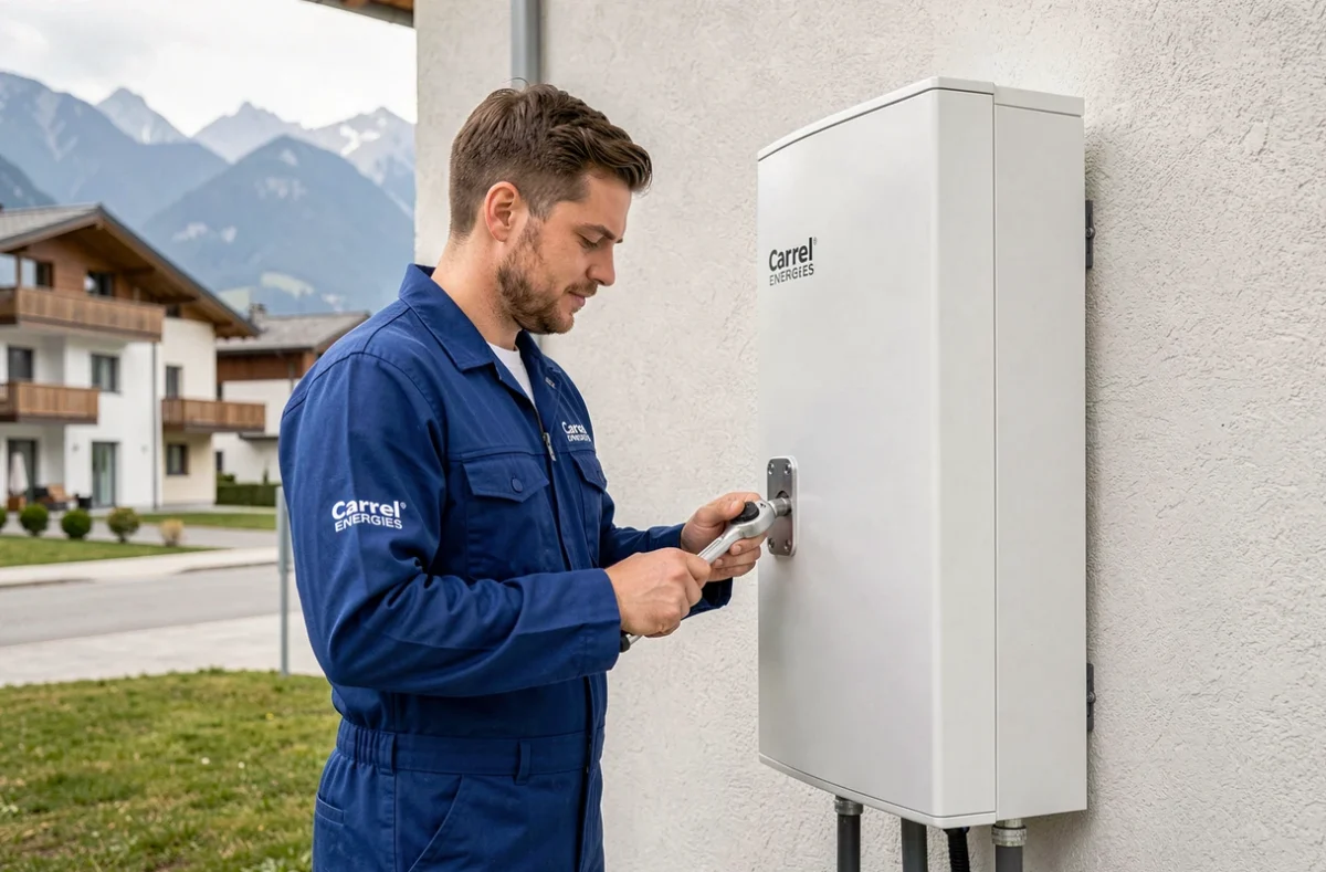Spécialiste Carrel Energies posant une pompe à chaleur sur une maison neuve en Haute-Savoie