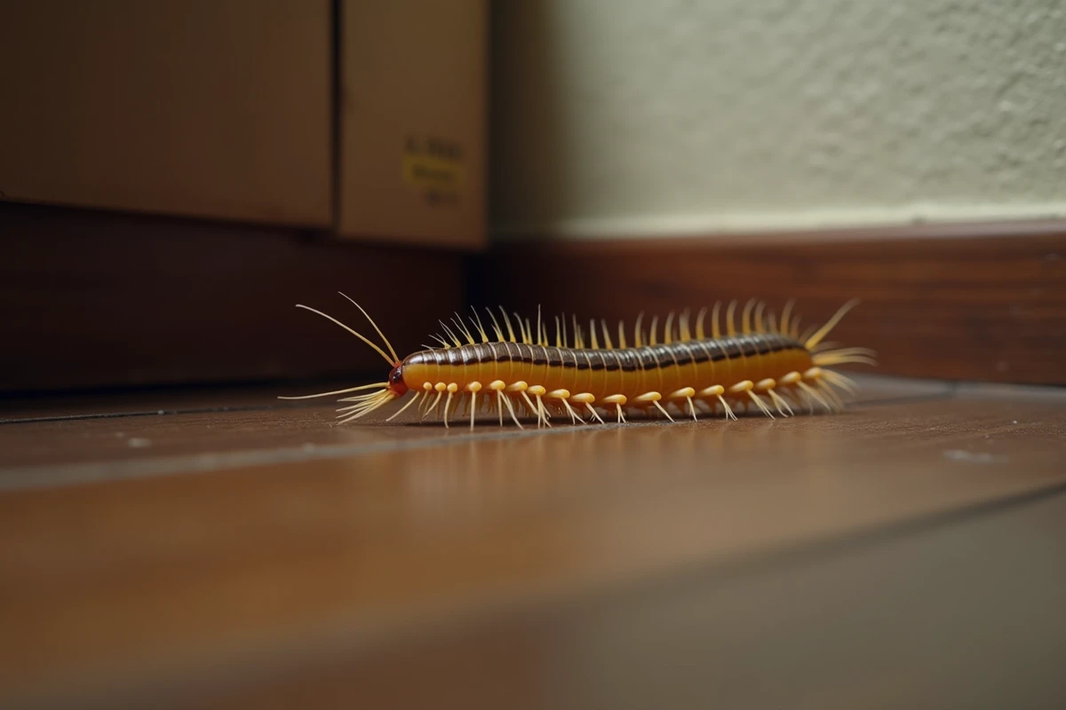 Centipède de maison en mouvement le long d'une plinthe en bois, illustrant son comportement rapide et sa morphologie allongée avec ses nombreuses pattes