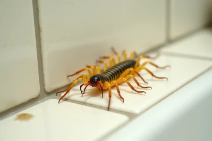 Centipède de maison (Scutigera coleoptrata) vu de près sur un carrelage blanc de salle de bain, montrant ses longues pattes striées et ses antennes caractéristiques
