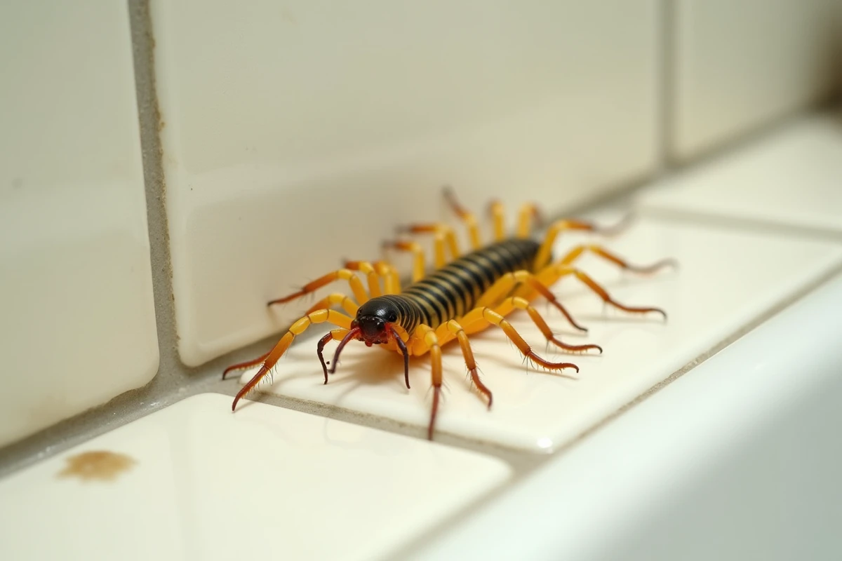 Centipède de maison (Scutigera coleoptrata) vu de près sur un carrelage blanc de salle de bain, montrant ses longues pattes striées et ses antennes caractéristiques