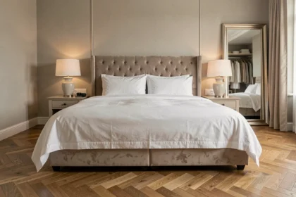 Chambre décorée avec une ambiance hôtel de luxe, lit king-size en lin blanc, parquet en chêne et tête de lit en velours gris beige