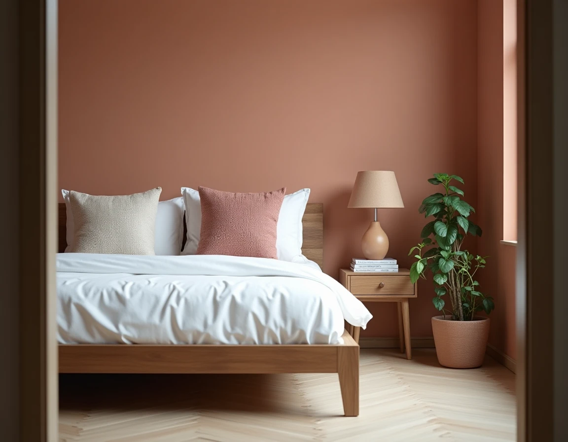 Chambre cosy avec lit en noyer, linge de lit blanc et décoration minimaliste style Sklum 2026