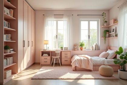 Chambre d'enfant moderne et organisée avec murs pastel et grande fenêtre