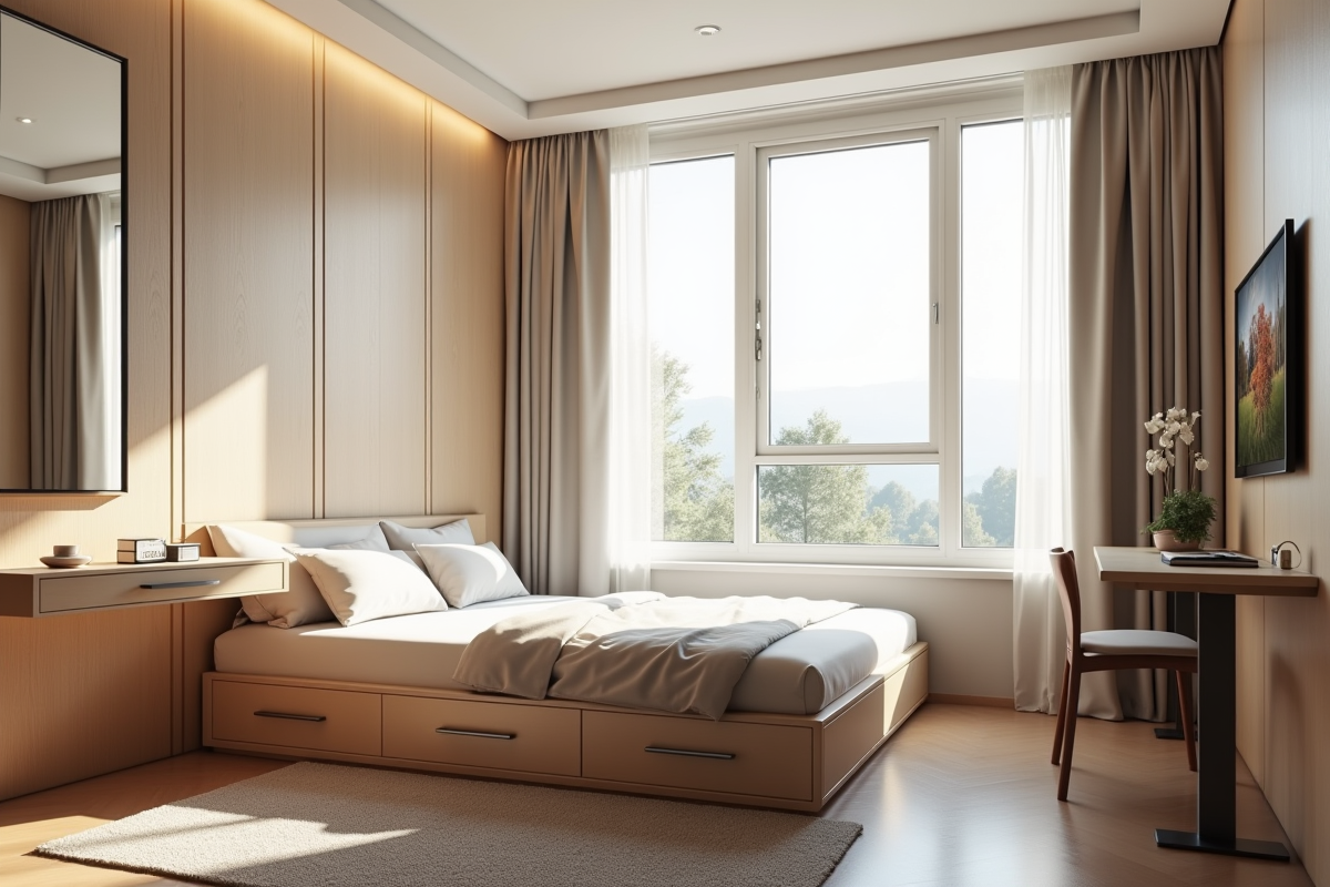 Chambre moderne avec lit multifonction et miroir