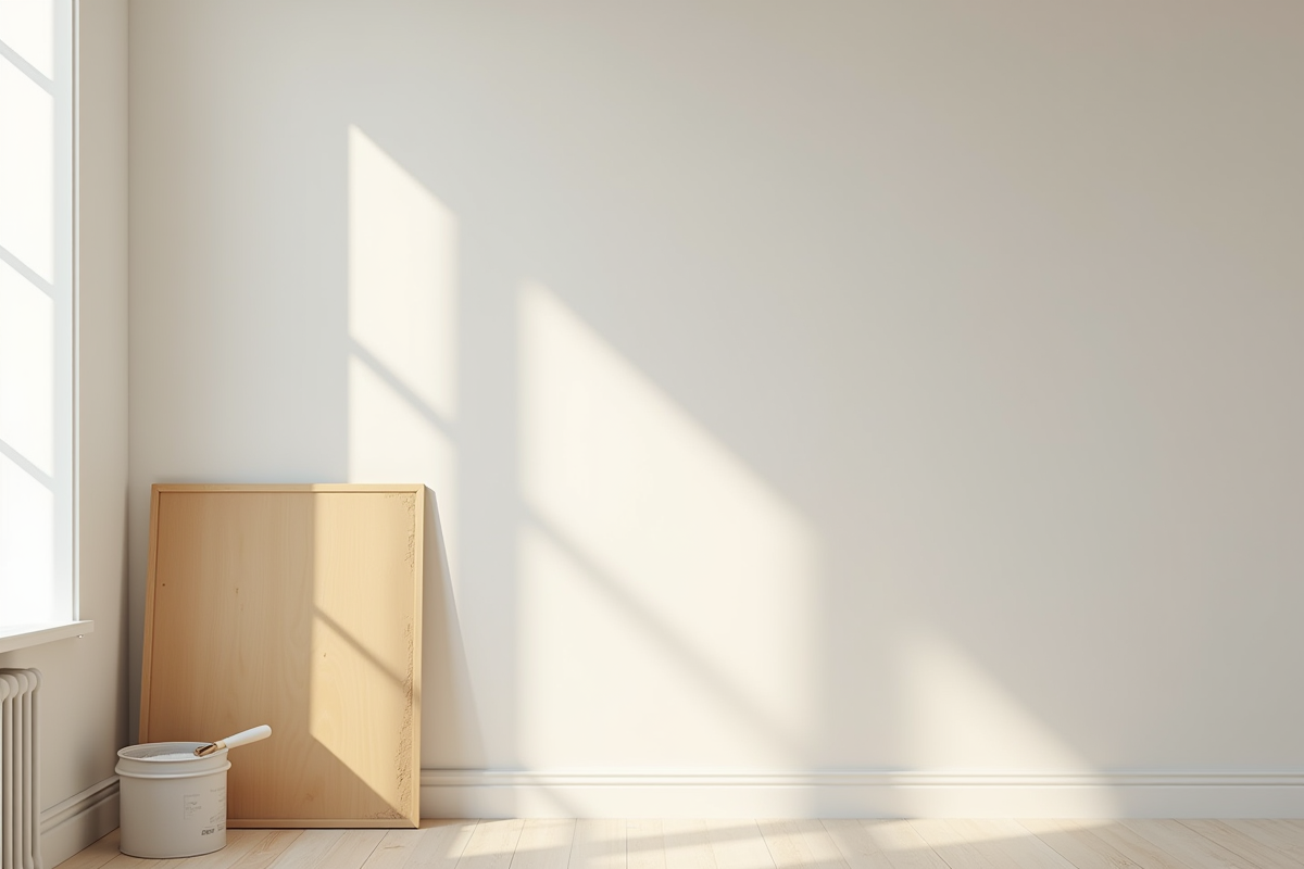 Pièce rénovée avec panneau en bois poncé et fournitures de peinture