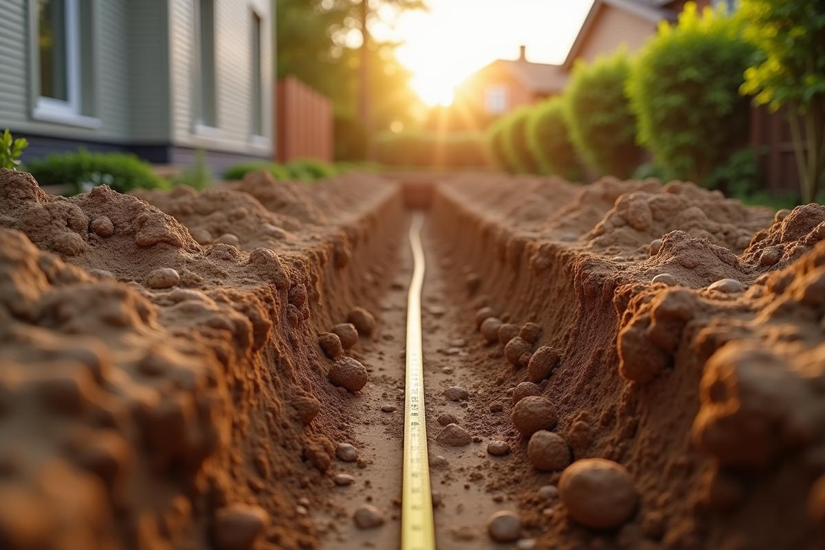 Vue d'un chantier avec tranchée de fondation pour terrasse en bois