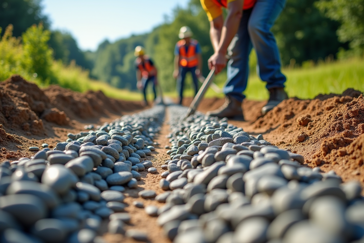Chantier rural avec ouvriers nivelant du gravier frais en plein jour