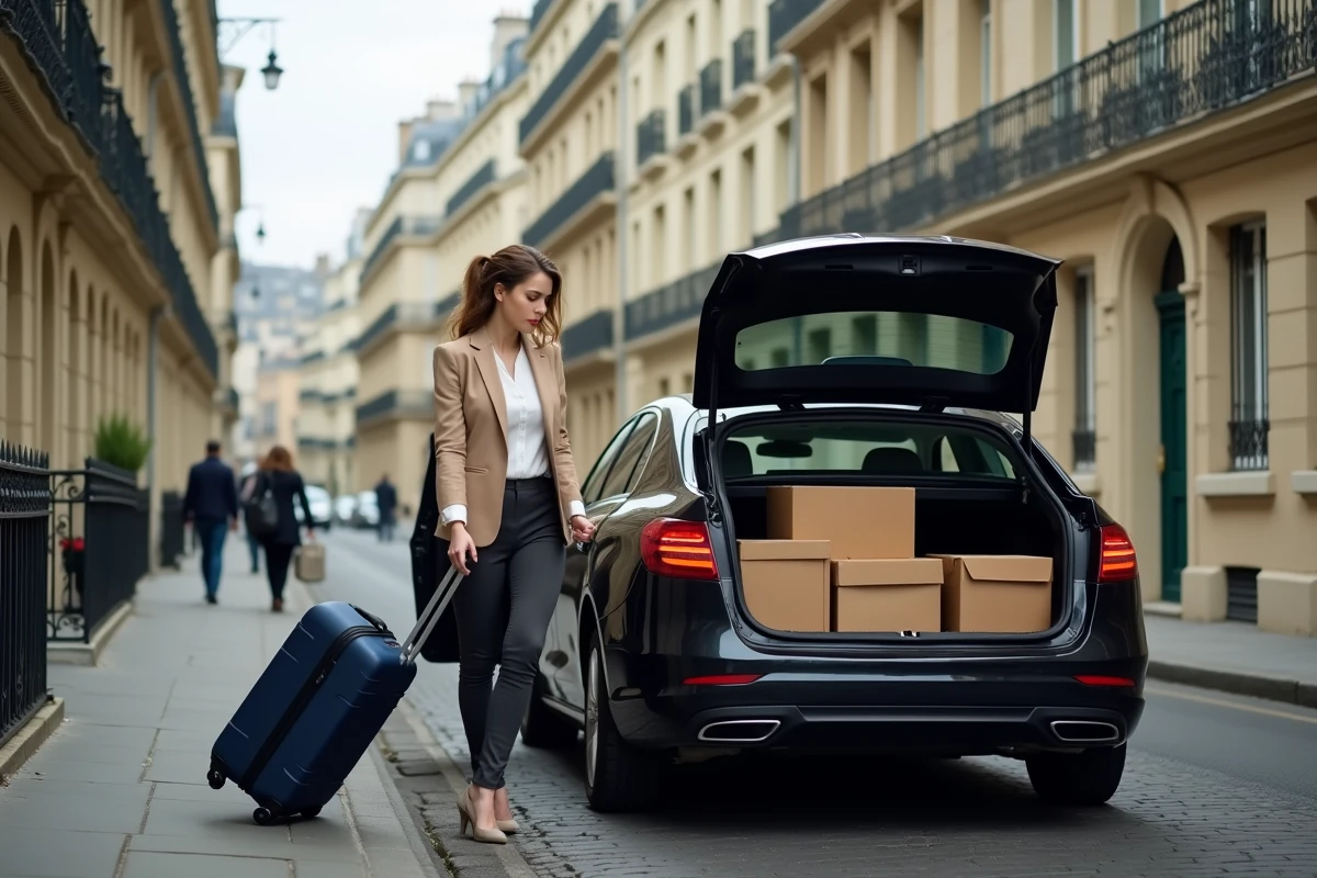 Femme chargeant ses bagages dans un taxi meublé devant un immeuble parisien