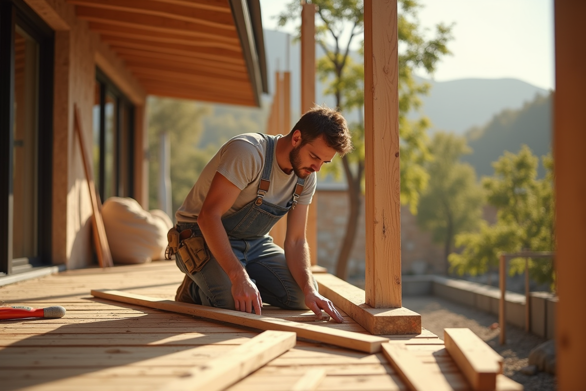 Charpentier mesurant des planches sur une terrasse en construction